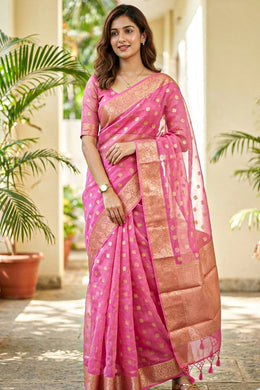 Pink Banarasi Organza Saree 10064569