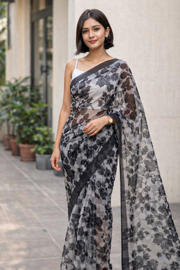 Black and White Printed Organza Saree 10064852