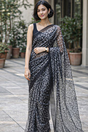Black and White Printed Organza Saree 10064853