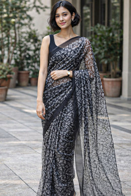 Black and White Printed Organza Saree 10064853