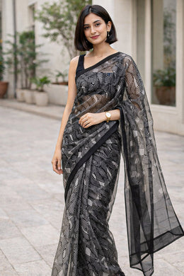 Black and white Printed Organza Saree 10064854