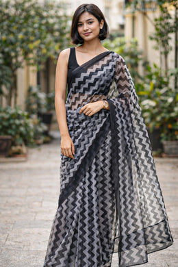 Black and White Printed Organza Saree 10064857
