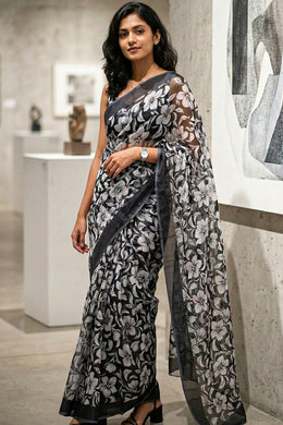 Black and White Printed Organza Saree 10064860