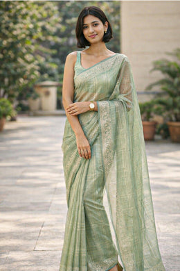 Pistachio Green Banarasi Vegan Tissue Organza Saree with Silver Zari Stripes & Floral Border 10065462