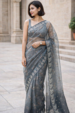 Grey Floral Printed Organza Saree 10065527