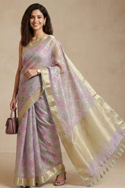 Violet Hand Painted Pure Silk Organza Banarasi Saree 10065750