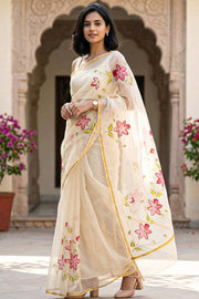 Cream Hand Painted Organza Saree 10065920