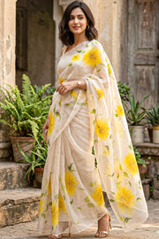 Orange Hand Painted Organza Saree 10065922
