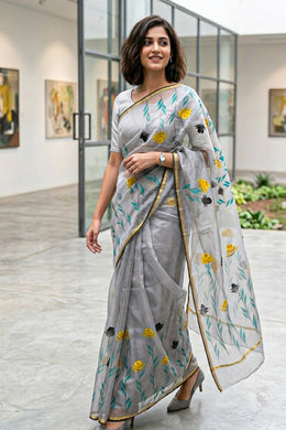Grey Hand Painted Organza Saree 10065930