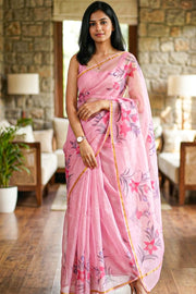 Pink Hand Painted Organza Saree 10065934