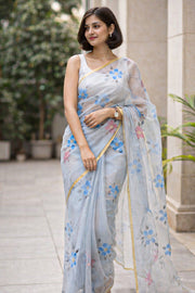 Blue Hand Painted Organza Saree 10065945