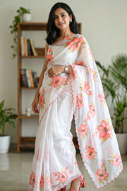 White Khatli Work Organza Saree 10066488