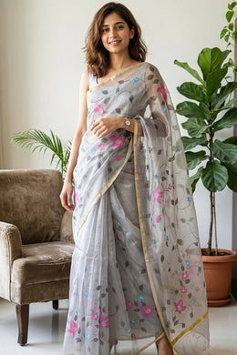 Grey Hand Painted Organza Saree 10066787