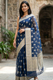 Starry Night Blue Handloom Banarasi Organza Saree With Paisley And Floral Zari Border 10067270