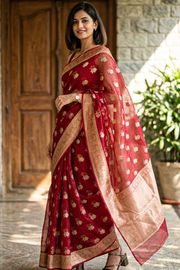 Wine Red Handcrafted Banarasi Organza Saree 10067271