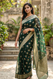 Dark Green Banarasi Organza Saree 10067273