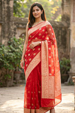 Vermilion Glow Red Banarasi Organza Saree 10067276