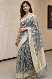Grey Banarasi Organza Saree 10067277