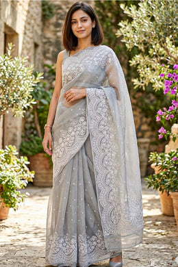 Grey Hand Embroidered Pure Silk Organza Saree 10067328