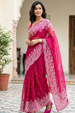 Pink Hand Embroidered Pure Silk Organza Saree 10067331