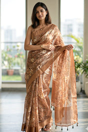 Golden Pink Floral Printed Tissue Organza Saree 10067338