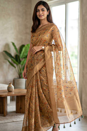 Golden Beige Floral Printed Tissue Organza Saree 10067341