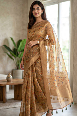 Golden Beige Floral Printed Tissue Organza Saree 10067341