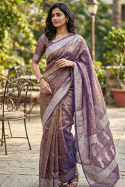 Golden Purple Banarasi Crushed Tissue Organza Saree 10068216