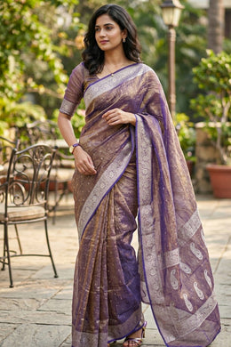 Golden Purple Banarasi Crushed Tissue Organza Saree 10068216
