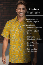 Yellow Half Sleeve Ajrakh Printed Cotton Mens Shirt 10071088