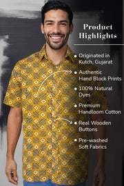 Mustard Yellow Half Sleeve Ajrakh Printed Cotton Mens Shirt 10071098