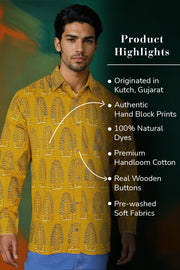Mustard Yellow Full Sleeve Ajrakh Printed Cotton Mens Shirt 10071154