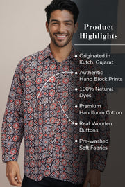 Black Full Sleeve Ajrakh Printed Cotton Mens Shirt 10071155