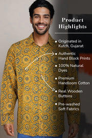 Yellow Full Sleeve Ajrakh Printed Cotton Mens Shirt 10071167