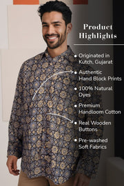 Black Full Sleeve Ajrakh Printed Cotton Mens Shirt 10071169