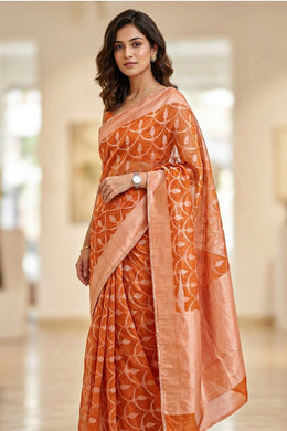 Tussar Rust Orange Banarasi Tissue Organza Saree With Sequin Border 10072290