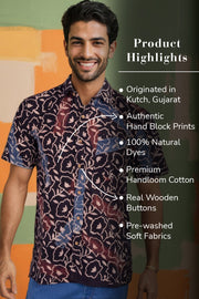 Black Half Sleeve Ajrakh Printed Cotton Mens Shirt 10072714