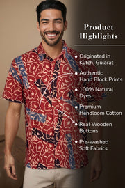 Red Half Sleeve Ajrakh Printed Cotton Mens Shirt 10072907