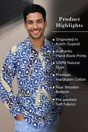 Blue Full Sleeve Ajrakh Printed Cotton Mens Shirt 10073001