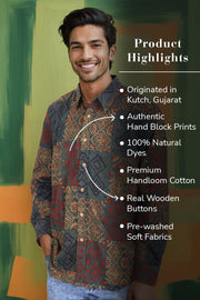 Green Full Sleeve Ajrakh Printed Cotton Mens Shirt 10073165
