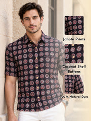 Black Half Sleeve Jahota Printed Cotton Mens Shirt 10074313