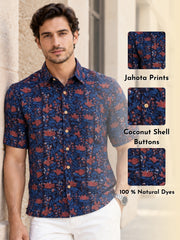 Blue Half Sleeve Jahota Printed Cotton Mens Shirt 10074318