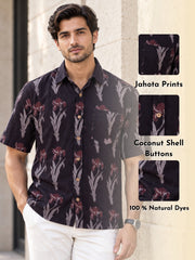 Black Half Sleeve Jahota Printed Cotton Mens Shirt 10074321