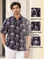 Black Half Sleeve Jahota Printed Cotton Mens Shirt 10074327