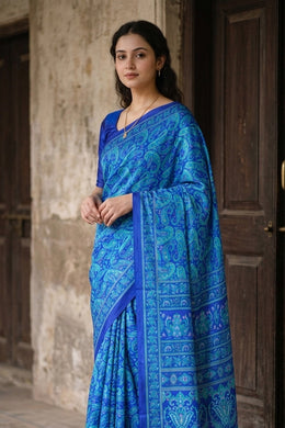 Blue Kashmiri Printed Silk Saree 10075992