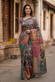 Grey Printed Semi Tussar Silk Saree With Tribal Motifs 10076271
