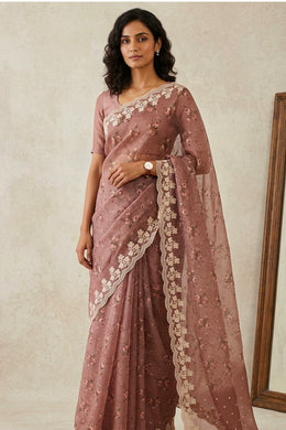 Vintage Rose Blush Brown Floral Printed Organza Saree 10076560