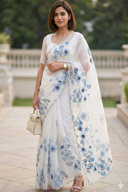 Cloud White Floral Printed Organza Saree 10076565