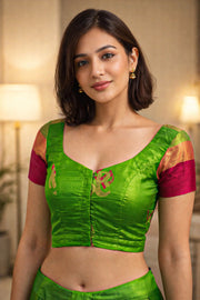 Leaf Bud Green Kanjivaram Soft Silk Blouse With Floral Motifs 10076603