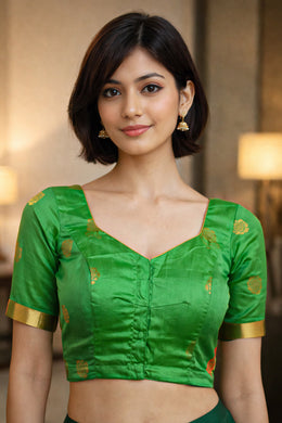Clover Field Green Kanjivaram Soft Silk Blouse With Paisley Motifs 10076607